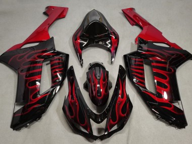 2007-2008 Negro Brillante & Rojo Llama Kawasaki ZX6R Carenado Moto